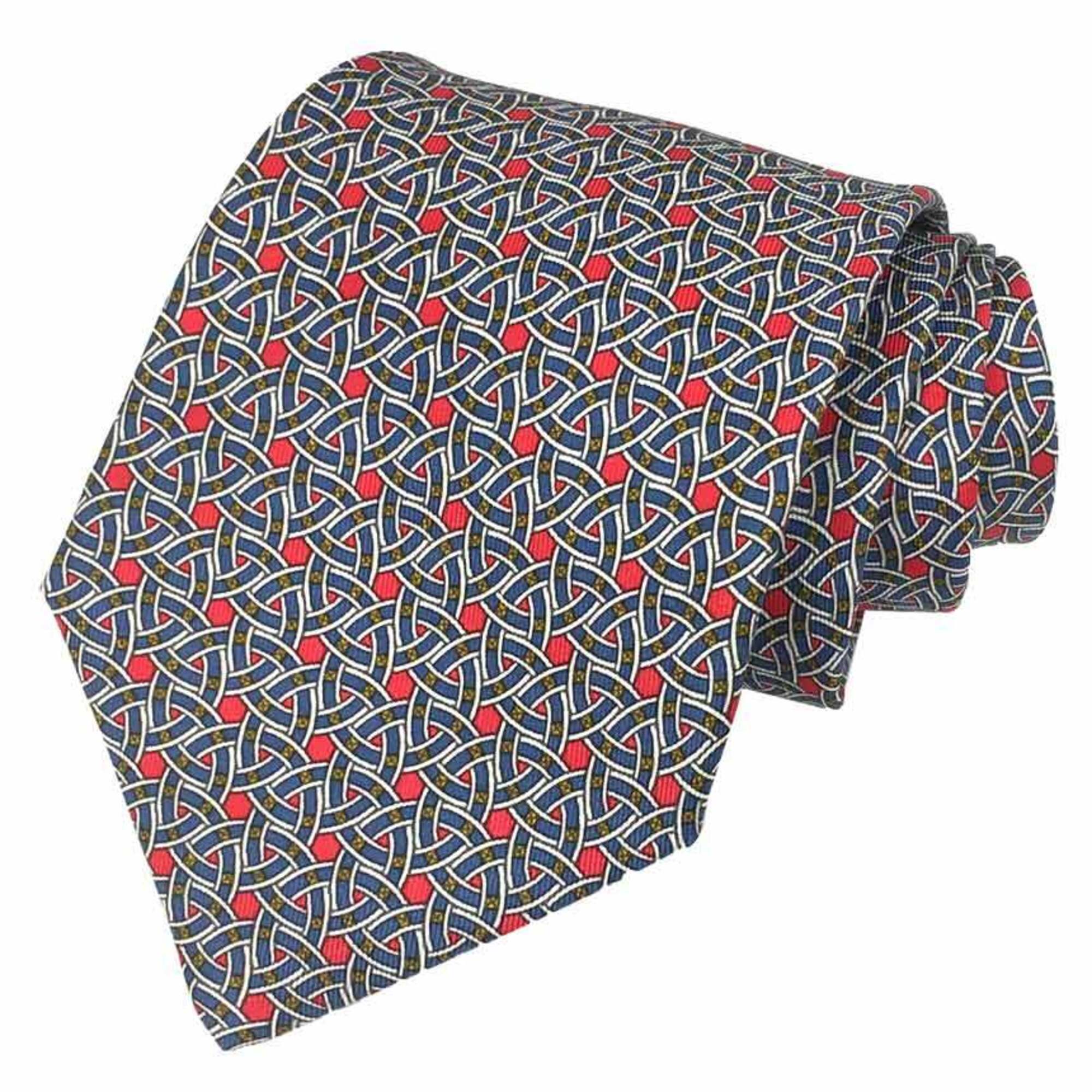 Hermes Tie, Geometric Pattern, 100% Silk, Red X Blue, Men's.